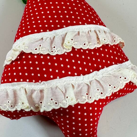 Vintage Handmade Christmas Ornament Red Polka Dot Eyelet Tree Soft Plush Stuffed - Picture 3 of 6